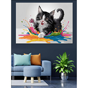 Renkli Sıçrayan Kedi Dekoratif Kanvas - Mdf Ahşap Tablo 25x35 cm