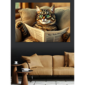 Gözlüklü Gazete Okuyan Kedi Dekoratif Kanvas - Mdf Ahşap Tablo