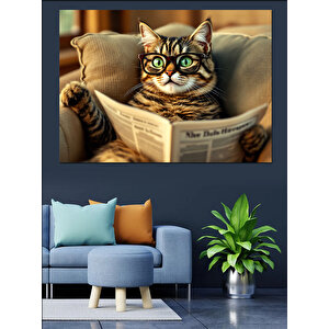 Gözlüklü Gazete Okuyan Kedi Dekoratif Kanvas - Mdf Ahşap Tablo