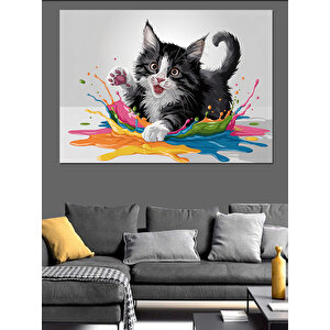 Renkli Sıçrayan Kedi Dekoratif Kanvas - Mdf Ahşap Tablo 35x50 cm