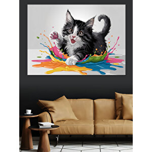 Renkli Sıçrayan Kedi Dekoratif Kanvas - Mdf Ahşap Tablo 35x50 cm