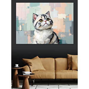 Beyaz Gri Tüylü Kedi Portresi Dekoratif Kanvas - Mdf Ahşap Tablo