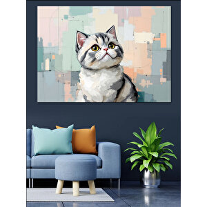 Beyaz Gri Tüylü Kedi Portresi Dekoratif Kanvas - Mdf Ahşap Tablo