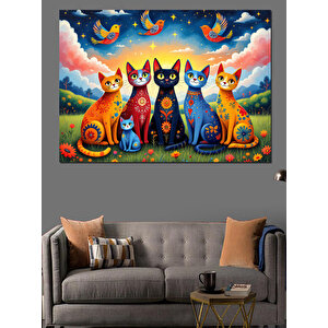 Renkli Gözlü Kedi Grubu Dekoratif Kanvas - Mdf Ahşap Tablo 70x100 cm