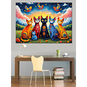 Renkli Gözlü Kedi Grubu Dekoratif Kanvas - Mdf Ahşap Tablo 70x100 cm