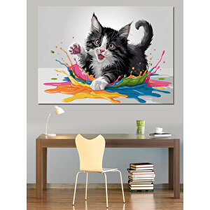 Renkli Sıçrayan Kedi Dekoratif Kanvas - Mdf Ahşap Tablo