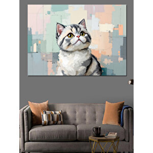 Beyaz Gri Tüylü Kedi Portresi Dekoratif Kanvas - Mdf Ahşap Tablo 100x140 cm