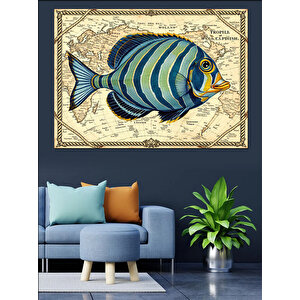 Eski Haritada Tropikal Balık Dekoratif Kanvas - Mdf Ahşap Tablo