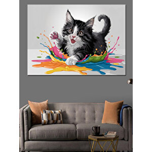 Renkli Sıçrayan Kedi Dekoratif Kanvas - Mdf Ahşap Tablo