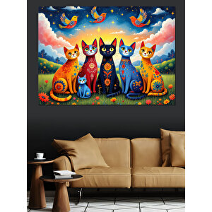 Renkli Gözlü Kedi Grubu Dekoratif Kanvas - Mdf Ahşap Tablo