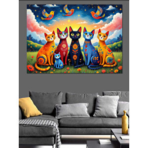 Renkli Gözlü Kedi Grubu Dekoratif Kanvas - Mdf Ahşap Tablo