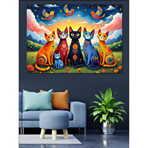 Renkli Gözlü Kedi Grubu Dekoratif Kanvas - Mdf Ahşap Tablo 100x140 cm
