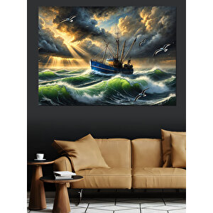 Fırtınada Balıkçı Teknesi Dekoratif Kanvas - Mdf Ahşap Tablo 100x140 cm