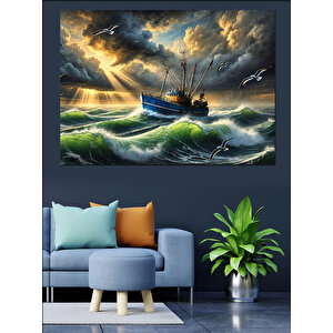 Fırtınada Balıkçı Teknesi Dekoratif Kanvas - Mdf Ahşap Tablo
