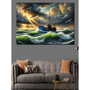 Fırtınada Balıkçı Teknesi Dekoratif Kanvas - Mdf Ahşap Tablo