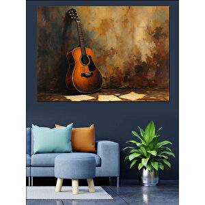 Köşede Duran Akustik Gitar Dekoratif Kanvas - Mdf Ahşap Tablo