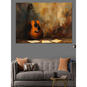 Köşede Duran Akustik Gitar Dekoratif Kanvas - Mdf Ahşap Tablo