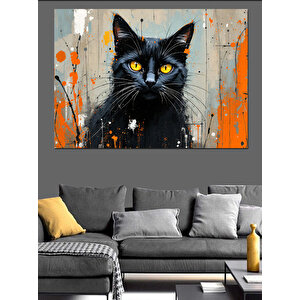 Turuncu Fonlu Siyah Kedi Dekoratif Kanvas - Mdf Ahşap Tablo 35x50 cm