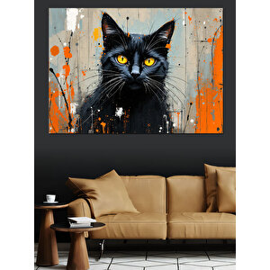 Turuncu Fonlu Siyah Kedi Dekoratif Kanvas - Mdf Ahşap Tablo 35x50 cm