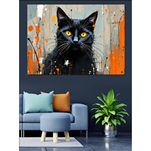Turuncu Fonlu Siyah Kedi Dekoratif Kanvas - Mdf Ahşap Tablo 35x50 cm