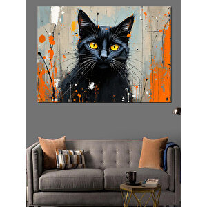 Turuncu Fonlu Siyah Kedi Dekoratif Kanvas - Mdf Ahşap Tablo