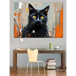 Turuncu Fonlu Siyah Kedi Dekoratif Kanvas - Mdf Ahşap Tablo