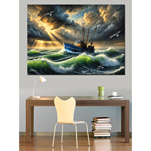 Fırtınada Balıkçı Teknesi Dekoratif Kanvas - Mdf Ahşap Tablo 50x70 cm