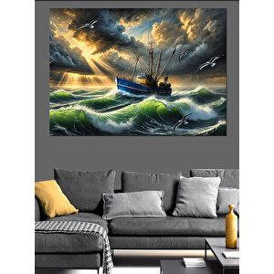 Fırtınada Balıkçı Teknesi Dekoratif Kanvas - Mdf Ahşap Tablo 50x70 cm