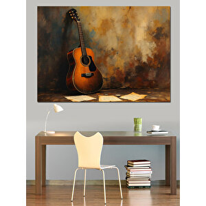 Köşede Duran Akustik Gitar Dekoratif Kanvas - Mdf Ahşap Tablo 50x70 cm