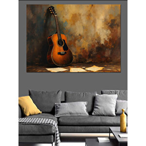 Köşede Duran Akustik Gitar Dekoratif Kanvas - Mdf Ahşap Tablo 50x70 cm