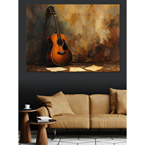 Köşede Duran Akustik Gitar Dekoratif Kanvas - Mdf Ahşap Tablo 50x70 cm