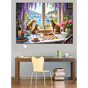Kahvaltı Masasında Kediler Dekoratif Kanvas - Mdf Ahşap Tablo