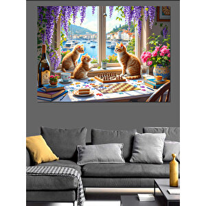 Kahvaltı Masasında Kediler Dekoratif Kanvas - Mdf Ahşap Tablo