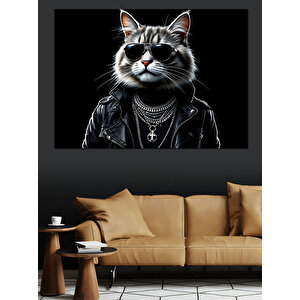 Siyah Gözlüklü Punk Kedi Dekoratif Kanvas - Mdf Ahşap Tablo