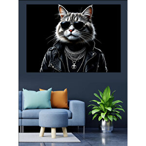 Siyah Gözlüklü Punk Kedi Dekoratif Kanvas - Mdf Ahşap Tablo