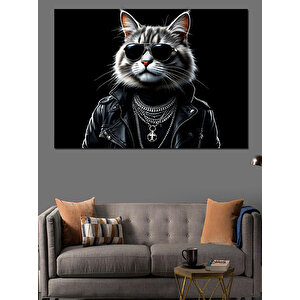 Siyah Gözlüklü Punk Kedi Dekoratif Kanvas - Mdf Ahşap Tablo 100x140 cm