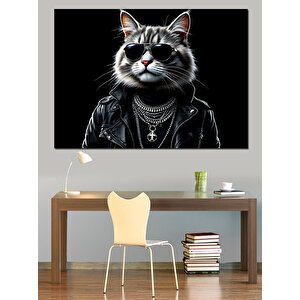 Siyah Gözlüklü Punk Kedi Dekoratif Kanvas - Mdf Ahşap Tablo 100x140 cm