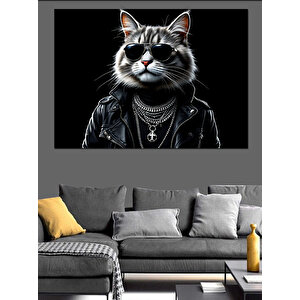 Siyah Gözlüklü Punk Kedi Dekoratif Kanvas - Mdf Ahşap Tablo 100x140 cm