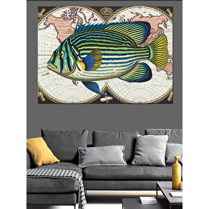 Vintage Harita Ve Balık Dekoratif Kanvas - Mdf Ahşap Tablo 35x50 cm