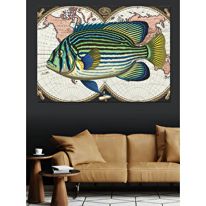 Vintage Harita Ve Balık Dekoratif Kanvas - Mdf Ahşap Tablo 35x50 cm