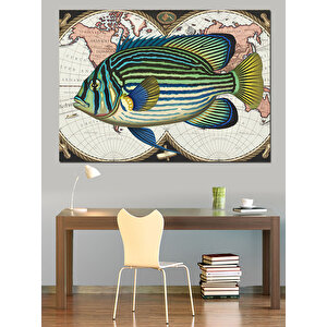 Vintage Harita Ve Balık Dekoratif Kanvas - Mdf Ahşap Tablo