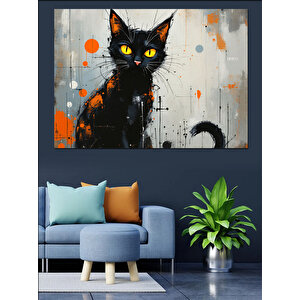 Sarı Gözlü Siyah Kedi Dekoratif Kanvas - Mdf Ahşap Tablo 70x100 cm