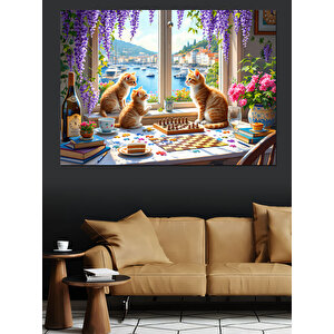 Kahvaltı Masasında Kediler Dekoratif Kanvas - Mdf Ahşap Tablo 100x140 cm