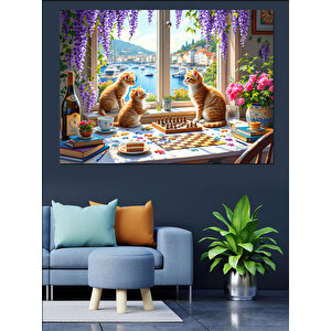 Kahvaltı Masasında Kediler Dekoratif Kanvas - Mdf Ahşap Tablo 100x140 cm