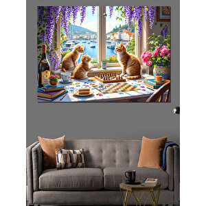 Kahvaltı Masasında Kediler Dekoratif Kanvas - Mdf Ahşap Tablo 100x140 cm