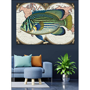 Vintage Harita Ve Balık Dekoratif Kanvas - Mdf Ahşap Tablo 50x70 cm