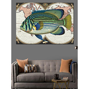 Vintage Harita Ve Balık Dekoratif Kanvas - Mdf Ahşap Tablo