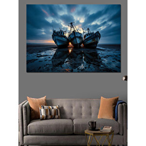 Günbatımında Balıkçı Tekneleri Dekoratif Kanvas - Mdf Ahşap Tablo 100x140 cm