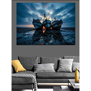 Günbatımında Balıkçı Tekneleri Dekoratif Kanvas - Mdf Ahşap Tablo 100x140 cm