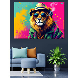 Havalı Gözlüklü Aslan Dekoratif Kanvas - Mdf Ahşap Tablo 50x70 cm